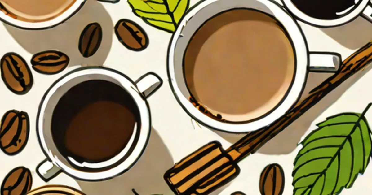 Two coffee cups with scattered beans and coffee plant leaves arranged from above
