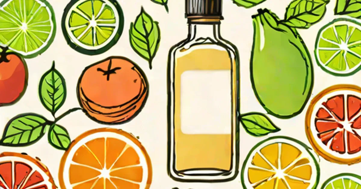 Golden tea in a bottle surrounded by illustrated citrus fruits and leaves
