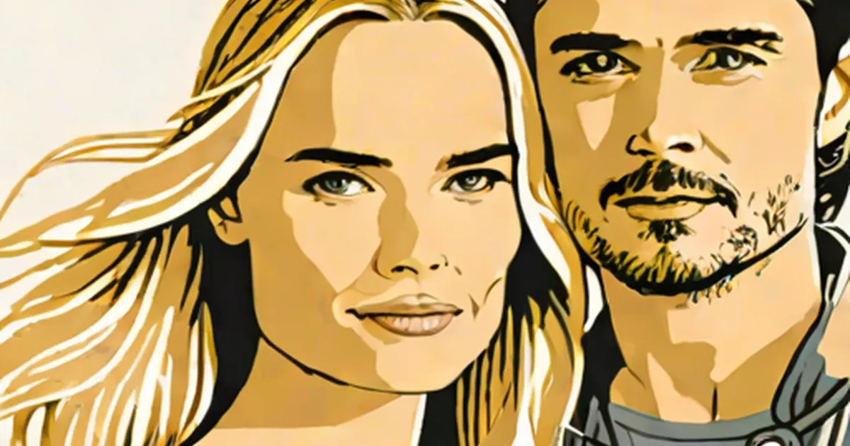 Illustrated portraits of Orlando Bloom and Kate Bosworth