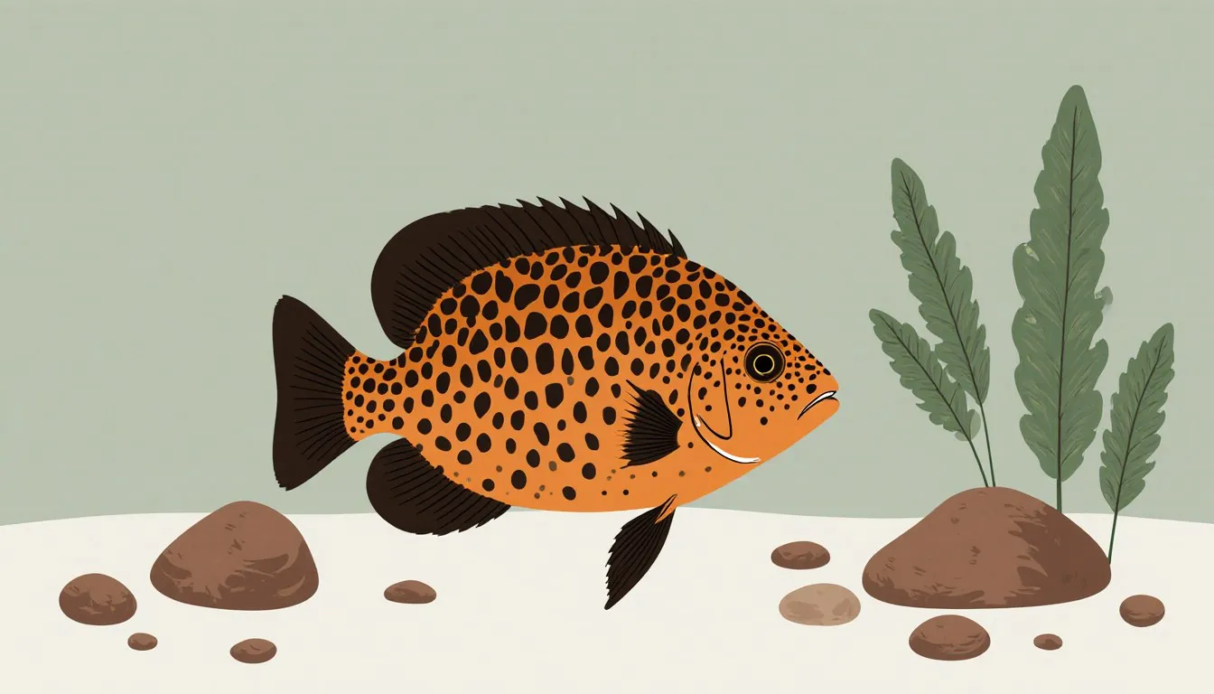 An Oscar fish with mottled orange and black markings swimming in a planted aquarium with rocks and pebbles