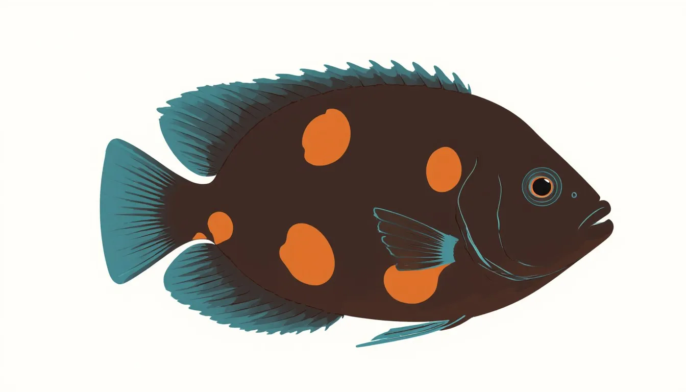 An oscar cichlid with dark brown skin, marbled orange blotches, and a rounded tail, shown in full profile.