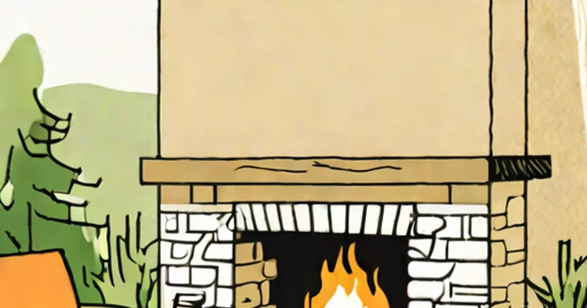 Brick outdoor fireplace with flames and metal mantel