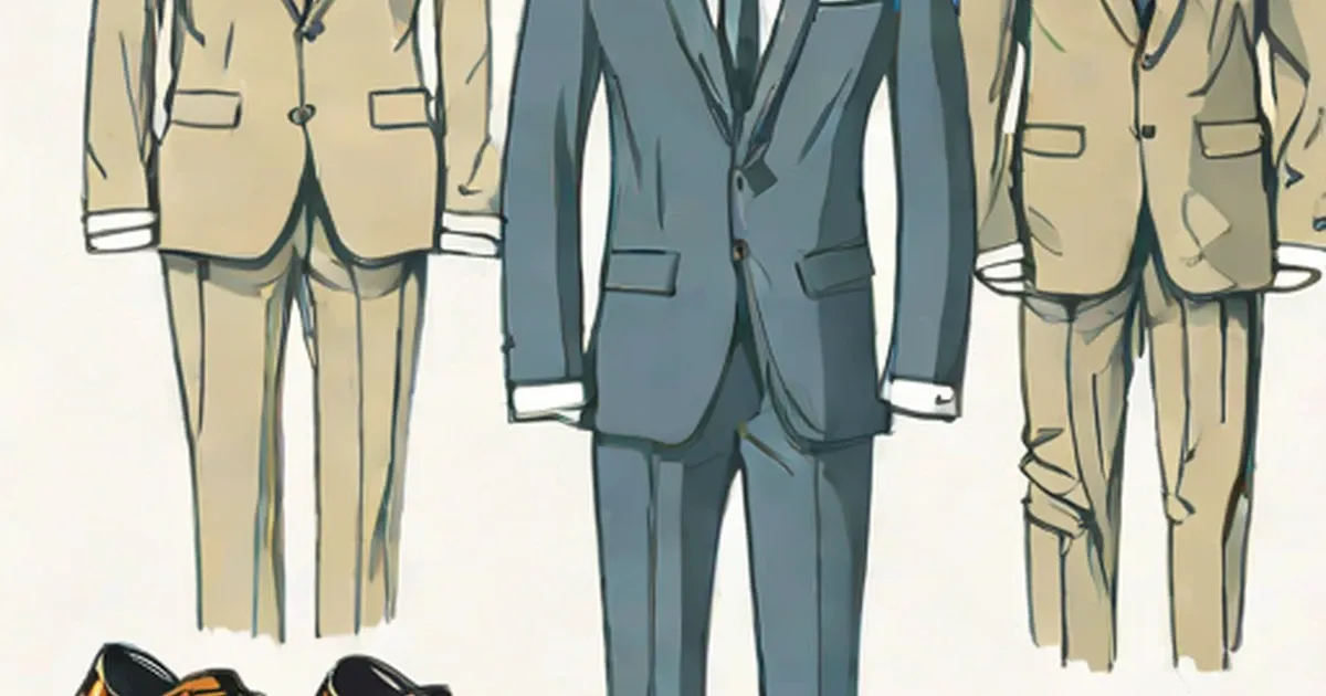 Illustrated formal suits in dark blue and beige with dress shoes