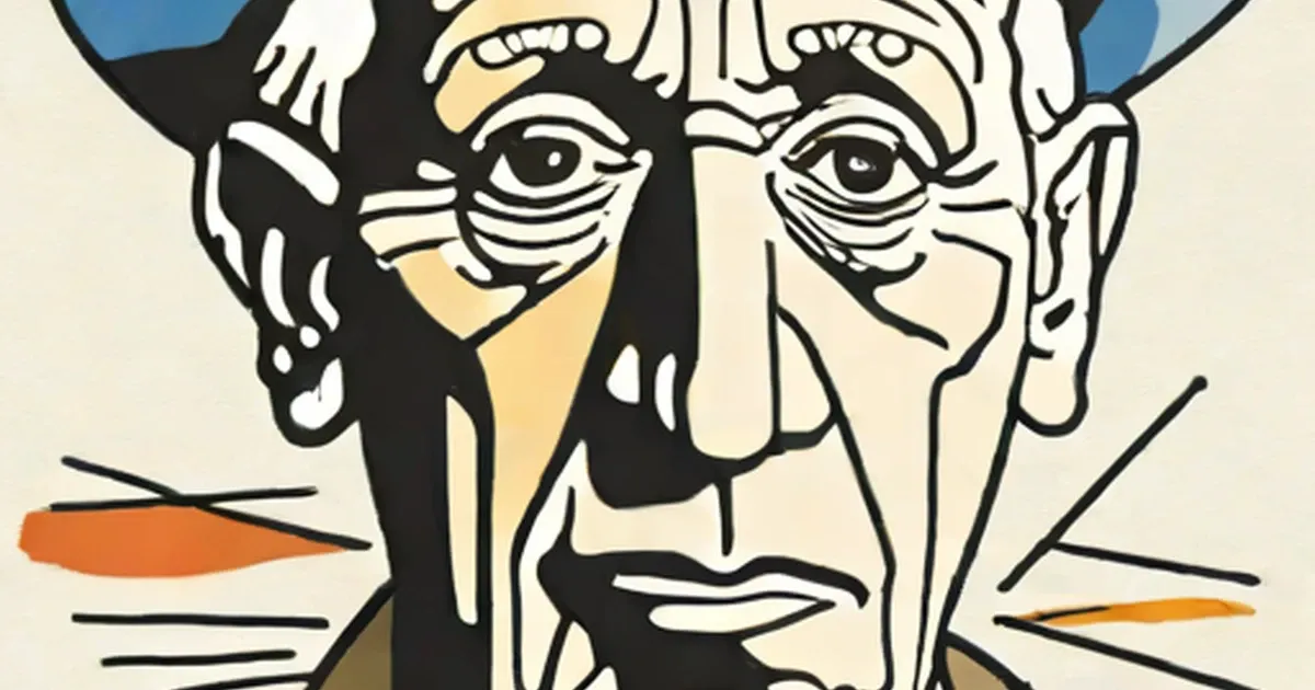 Picasso’s face depicted as a cubist portrait with geometric shapes in black and tan