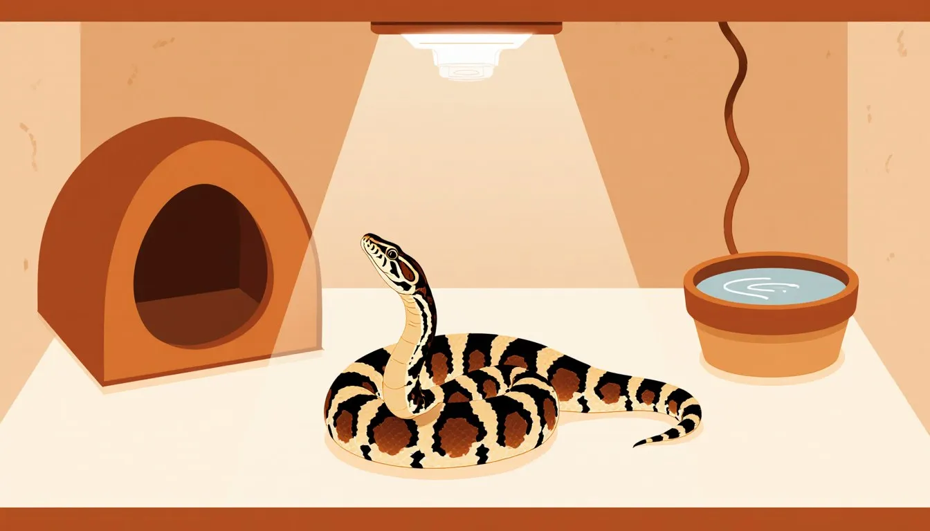 Illustration of a blotched Pacific gopher snake coiled beside a hide box, water dish, and heat lamp