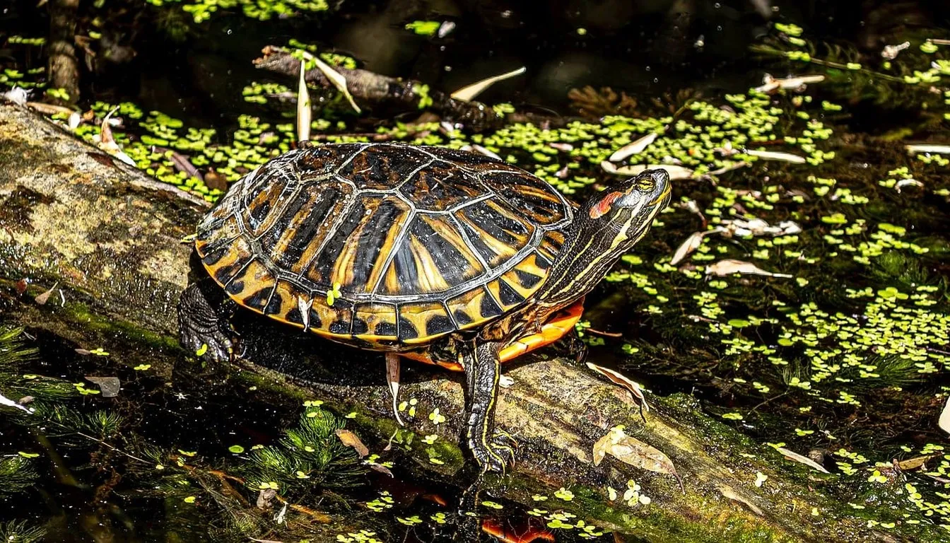 A painted turtle basking on a log among duckweed