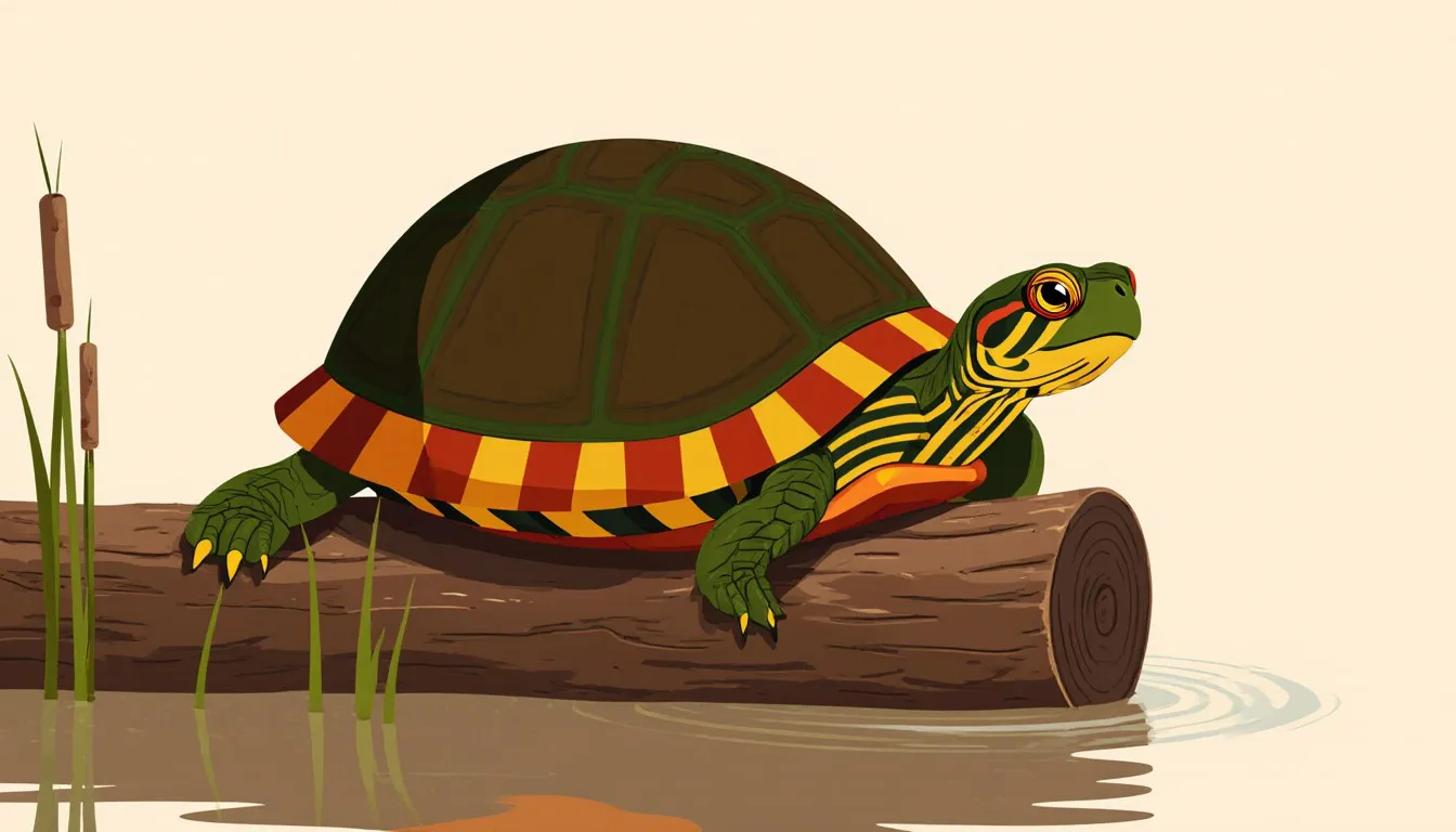 A painted turtle with striped legs and a red-edged shell basking on a log at the water's edge