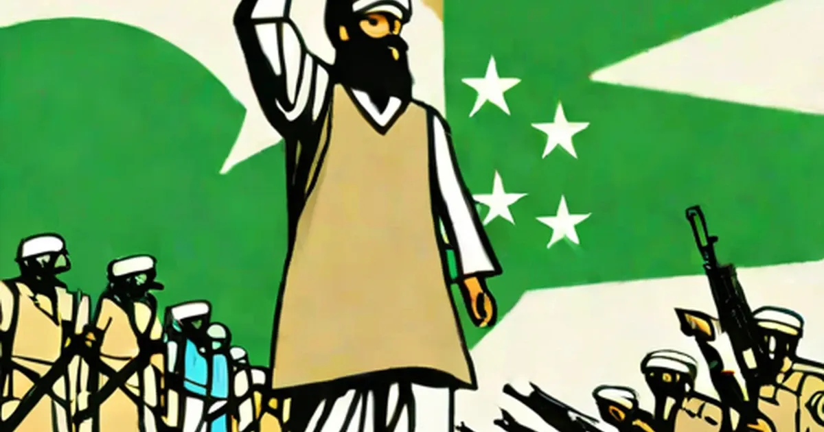 Masked figure with raised fist surrounded by armed soldiers and Pakistani flag