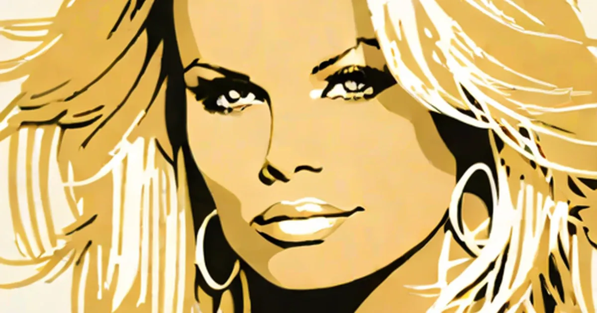 Illustrated portrait of Pamela Anderson with blonde hair and gold hoop earrings