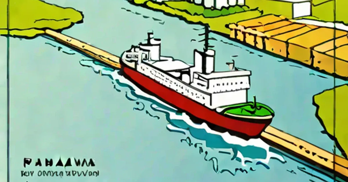 Illustrated cargo ship passing through the Panama Canal