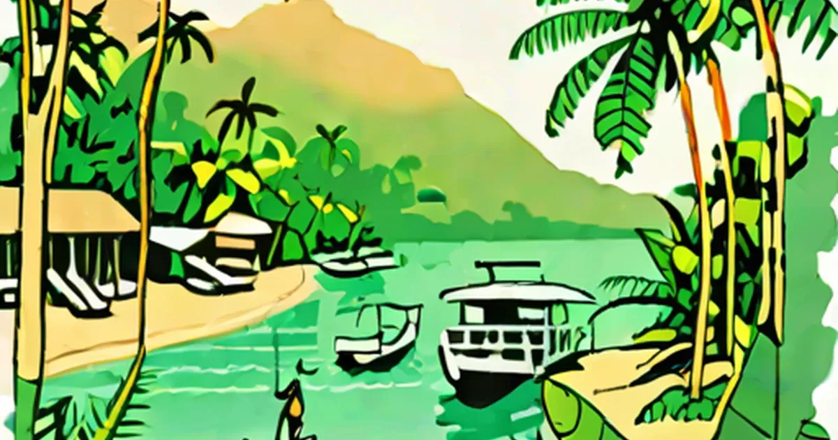Boats on a jungle river surrounded by tropical vegetation and misty mountains