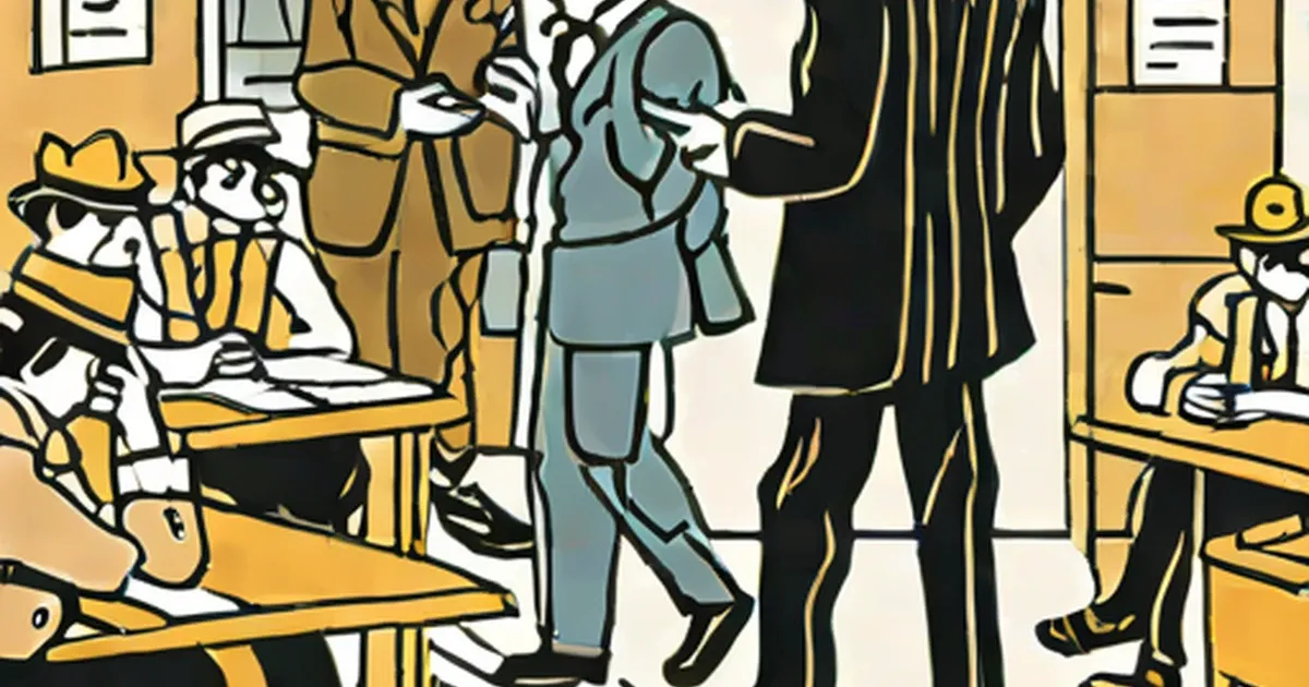 Distressed businessmen in 1870s formal attire gathered in a financial office