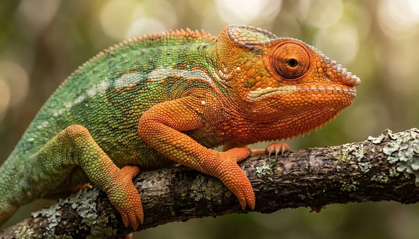 A panther chameleon with orange and green coloring on a branch