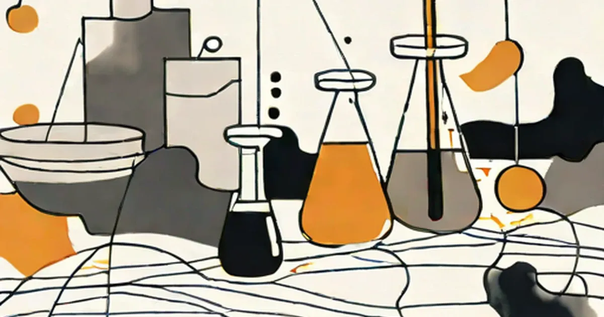 Strips of paper showing separated orange and black pigment bands among laboratory equipment