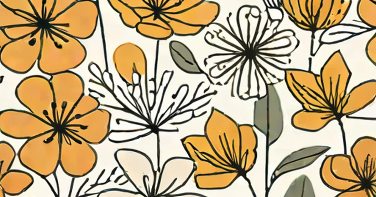 Illustrated golden flowers with black outlines and green leaves