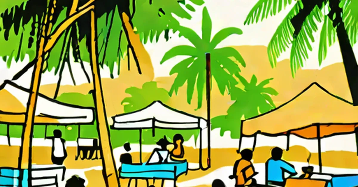 Illustrated picnic ground with tents, palm trees, and groups of seated visitors