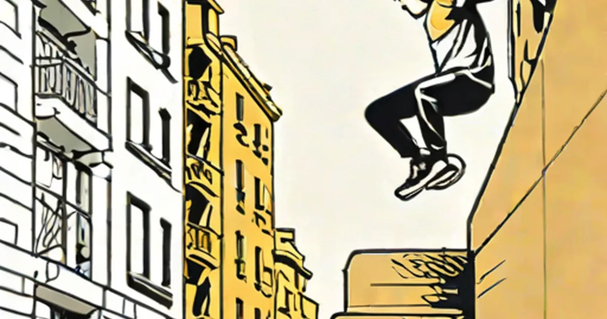 Illustrated person leaping between city rooftops