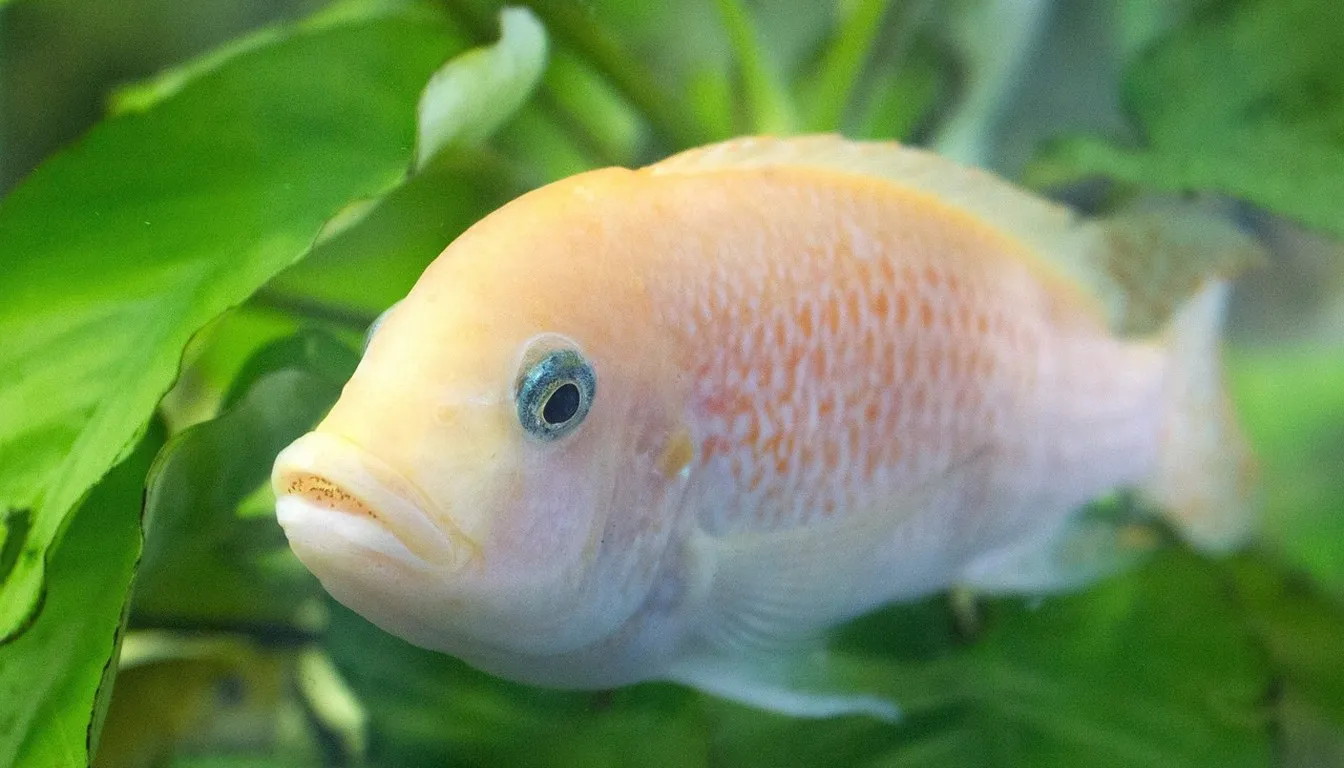 A pale pink parrot cichlid among aquarium plants