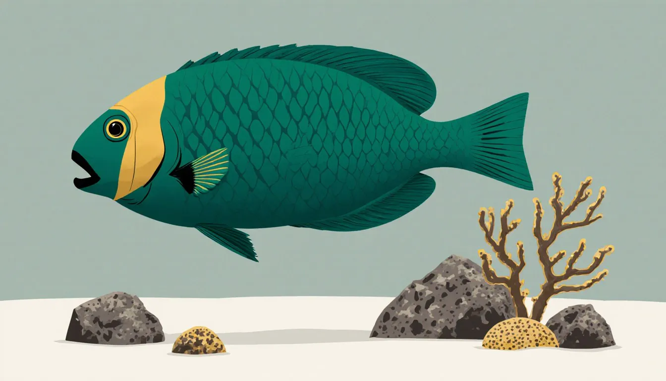 A parrotfish with its distinctive beak-like mouth swimming beside live rock and coral