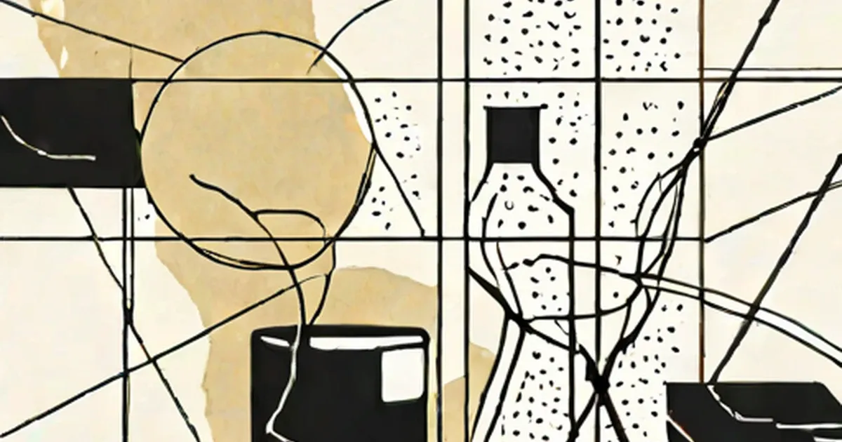 Abstract composition with geometric lines, circles, and dotted patterns on beige background