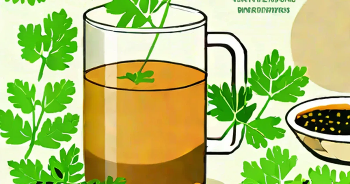 Glass mug of golden tea with fresh parsley leaves scattered around it