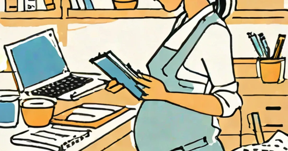Pregnant woman working at a desk with a laptop and papers