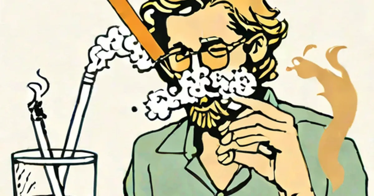 Cartoon illustration of a person smoking multiple cigarettes and exhaling smoke