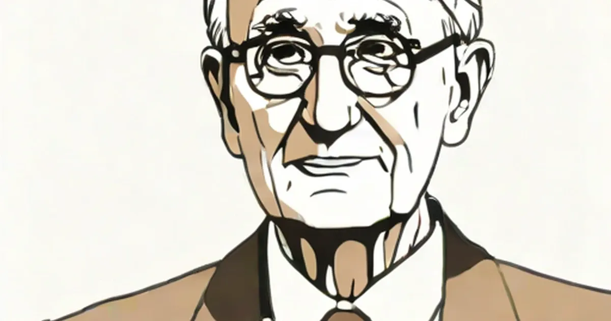 Illustrated portrait of an elderly man wearing glasses and a tan suit
