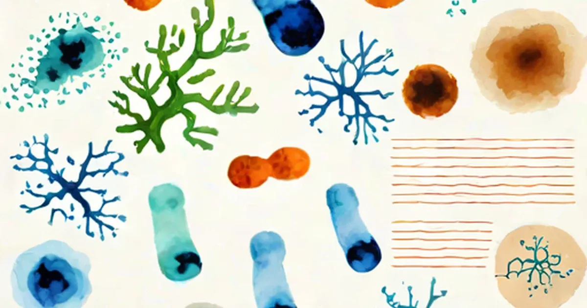Bacteria illustrated in different morphologies including rods, cocci, and branching appendages