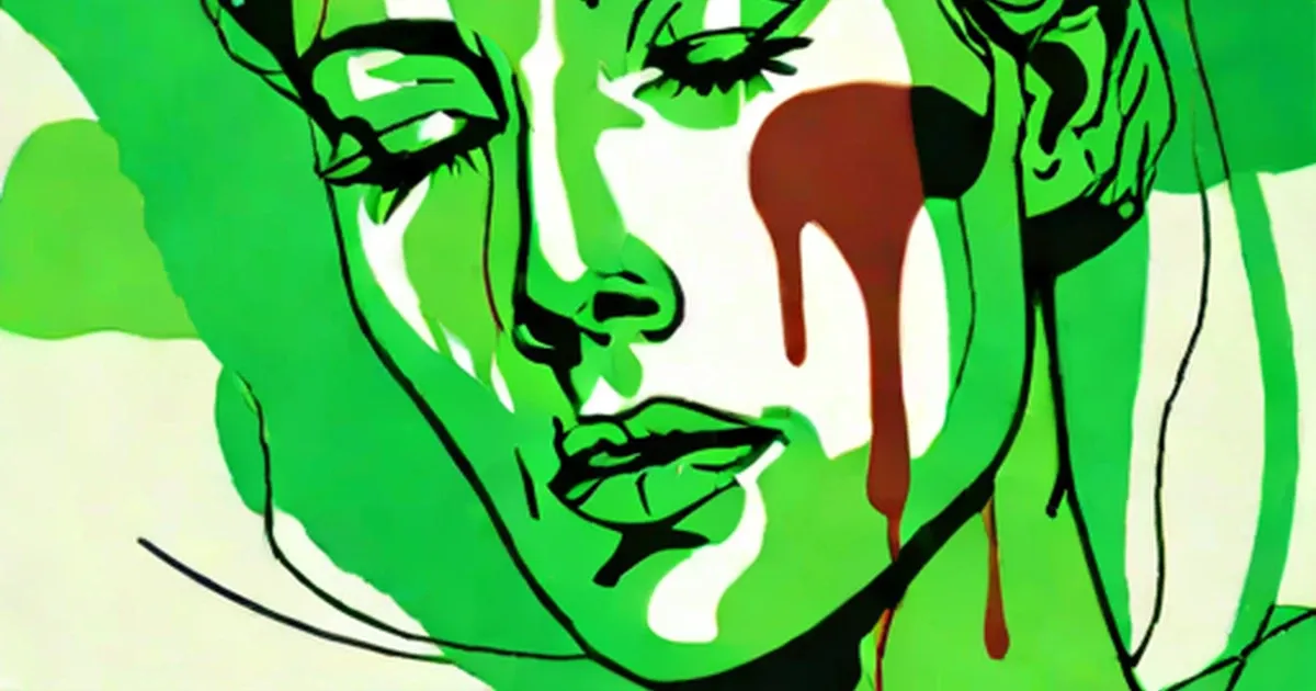 Stylized illustration of a face in bright green with dark red liquid dripping from the cheek