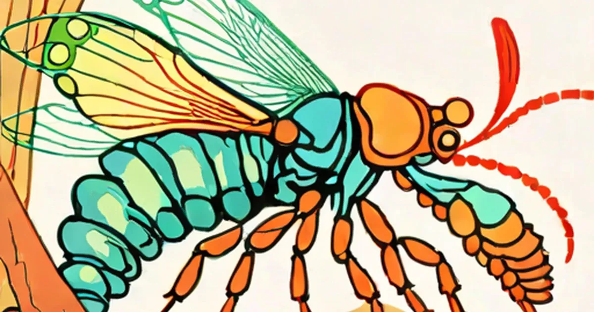 Stylized mantis shrimp with turquoise body, orange legs, and yellow wings