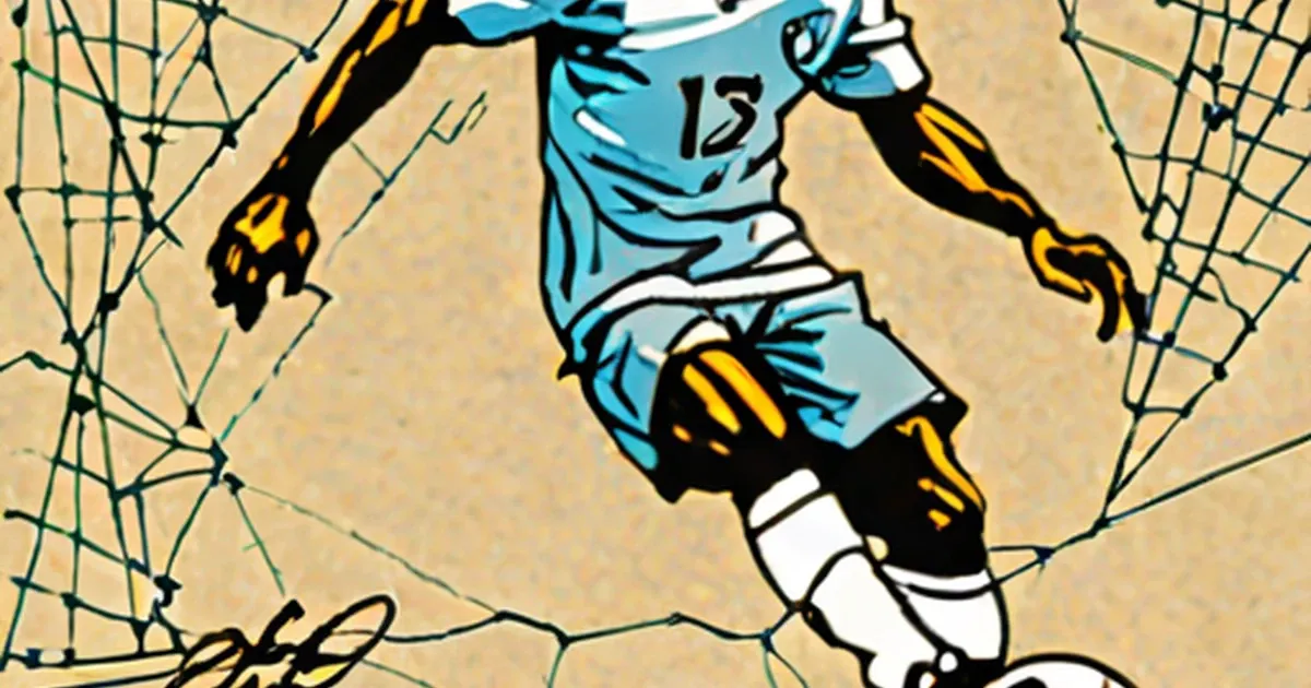 Soccer player in blue jersey heading ball in front of goal