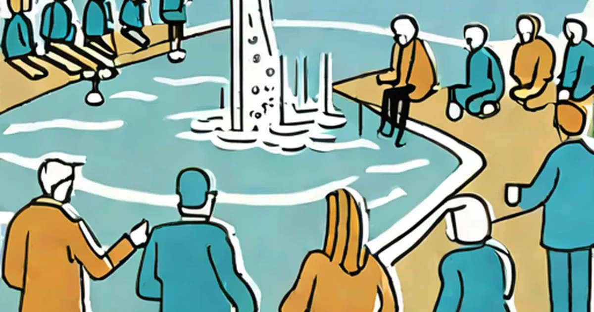 Illustrated people gathered around a water system with flowing water
