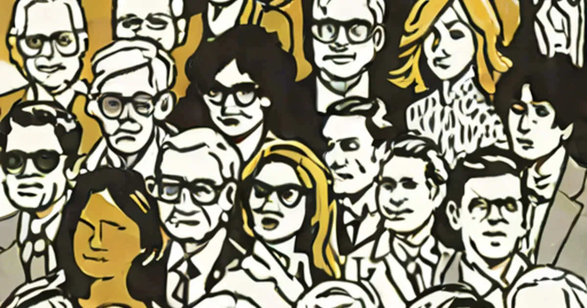 Overlapping illustrated portraits of multiple people in black line-art style