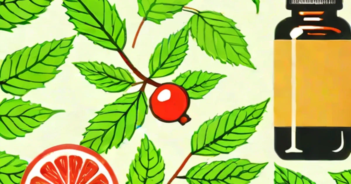Peppermint leaves, red candy, grapefruit slice, and essential oil bottle