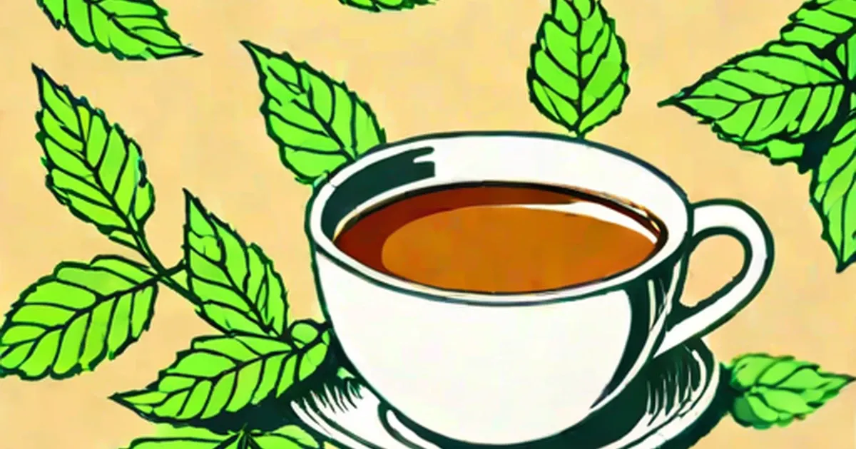 Amber peppermint tea in a white teacup with fresh green leaves