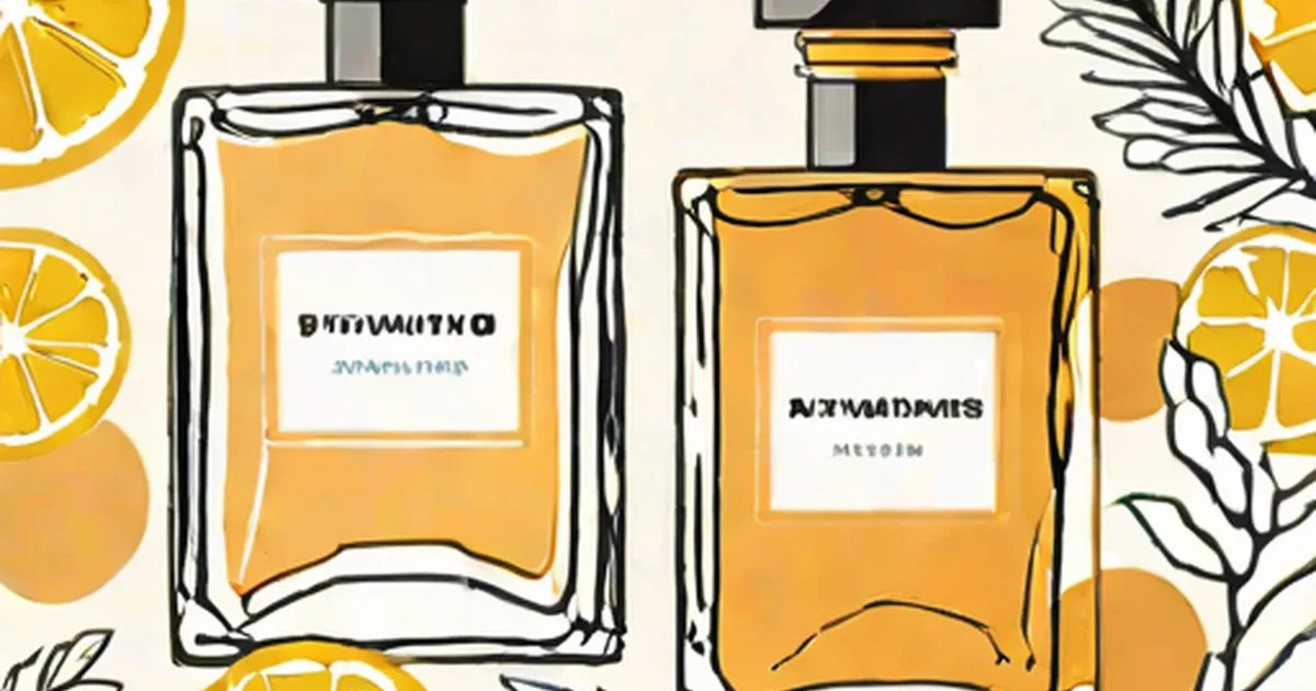 Two yellow perfume bottles surrounded by citrus slices and botanical illustrations