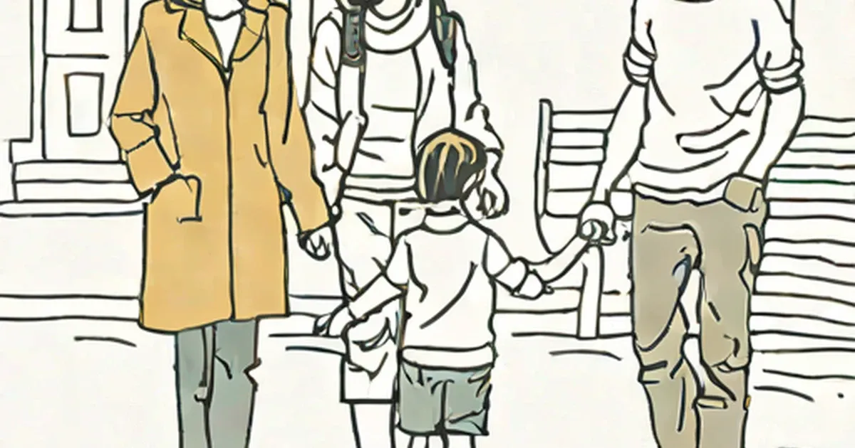 Adults and children gathered casually outside a building