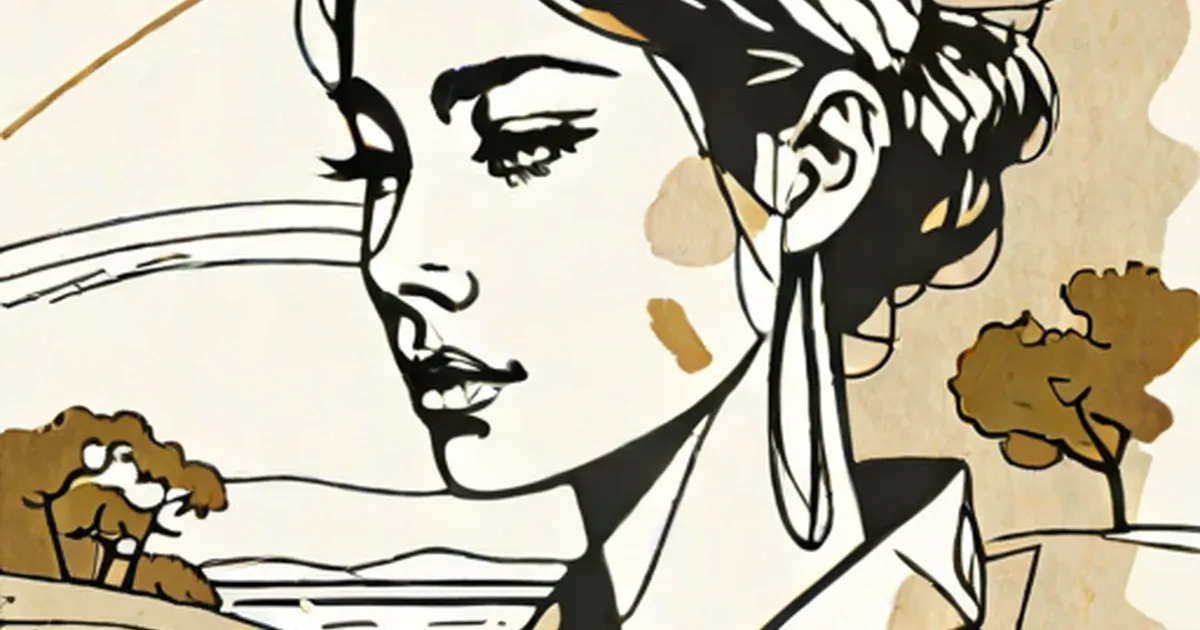 Woman’s profile with small trees in black ink and tan watercolor