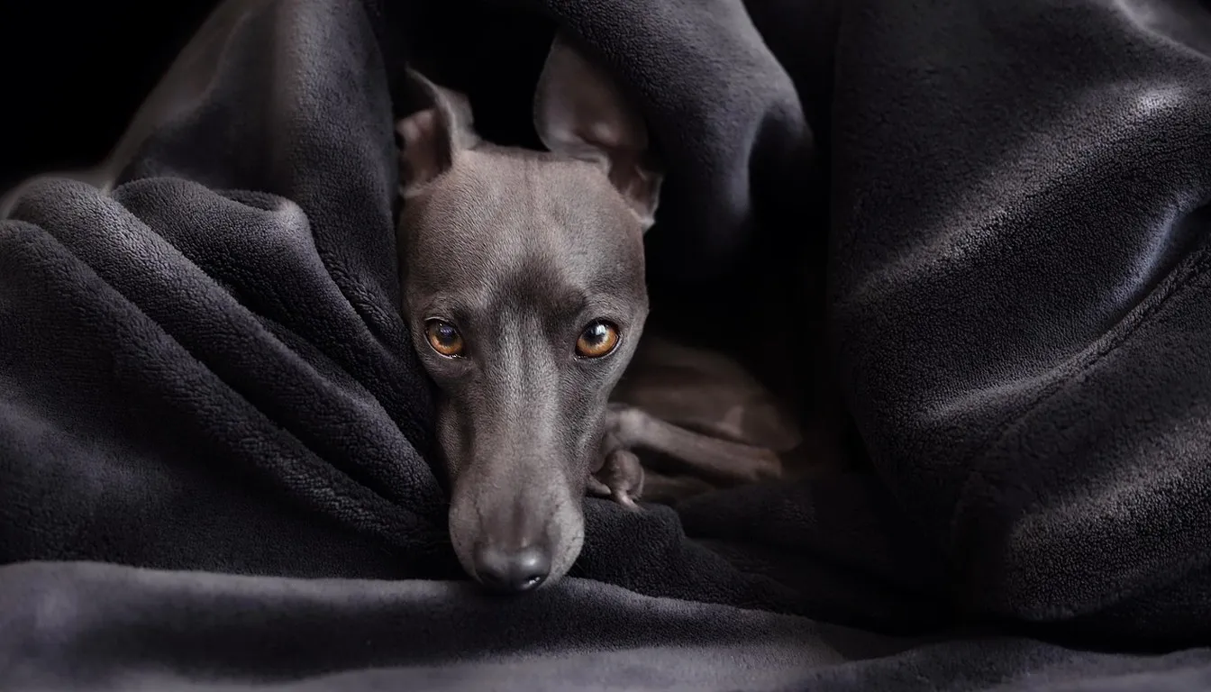 A grey dog peeking out from under a blanket