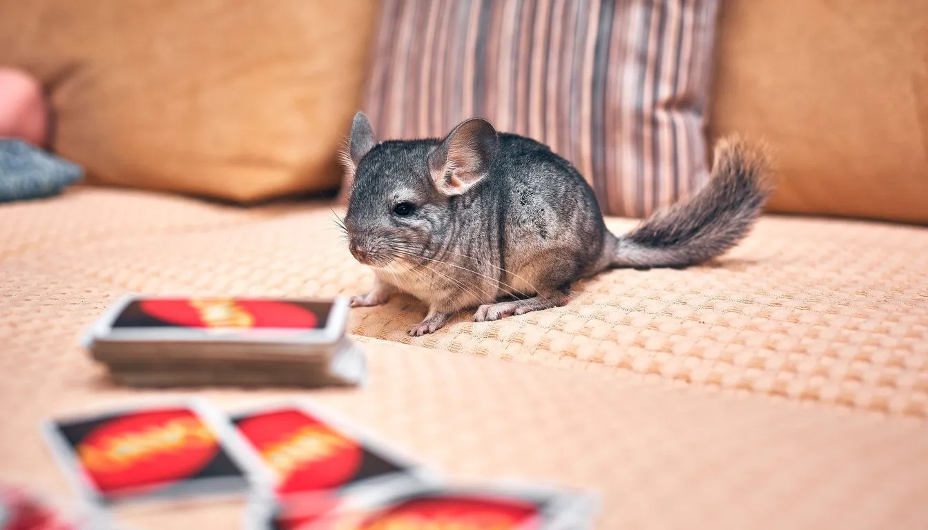 A chinchilla on a sofa beside scattered playing cards