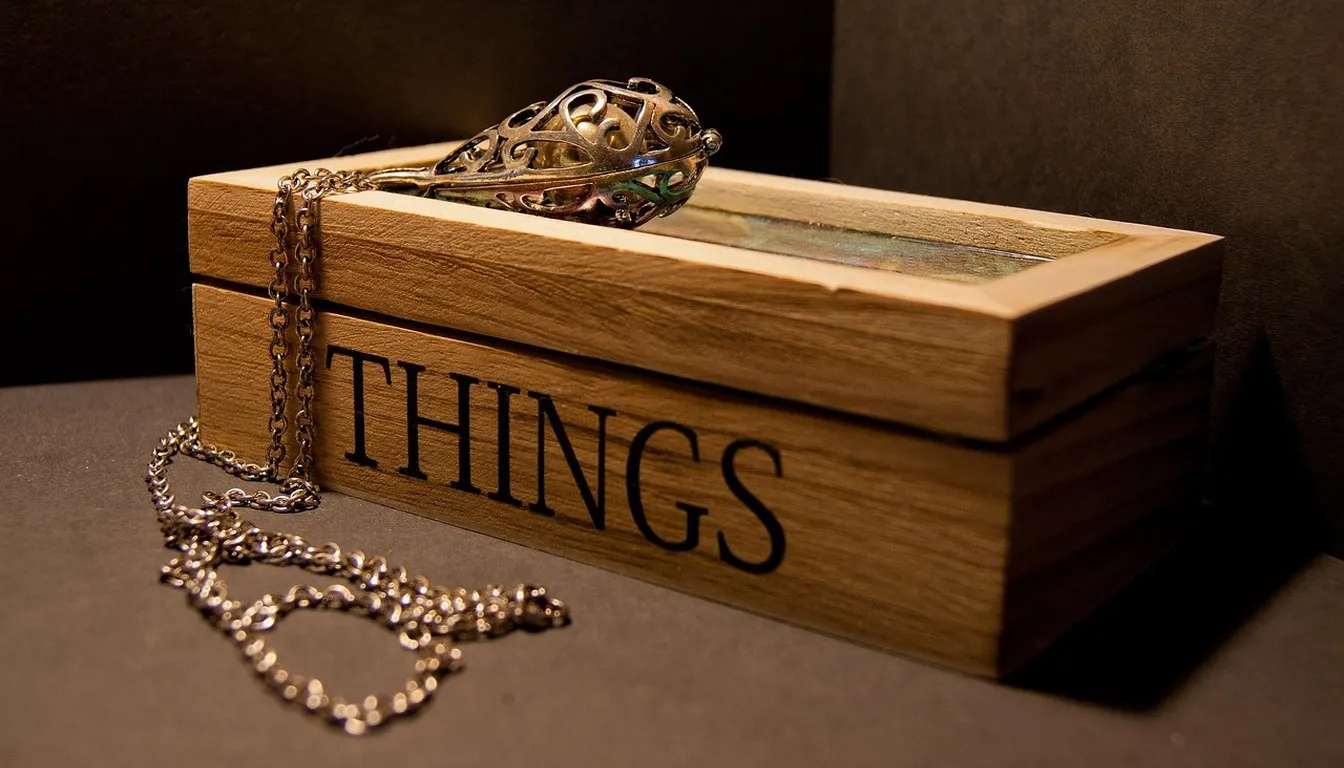 A wooden keepsake box with a necklace draped over it
