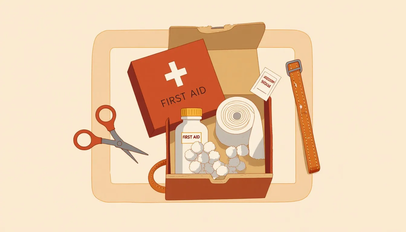 An open first aid kit with gauze, cotton balls, antiseptic, scissors, and a pet collar beside it