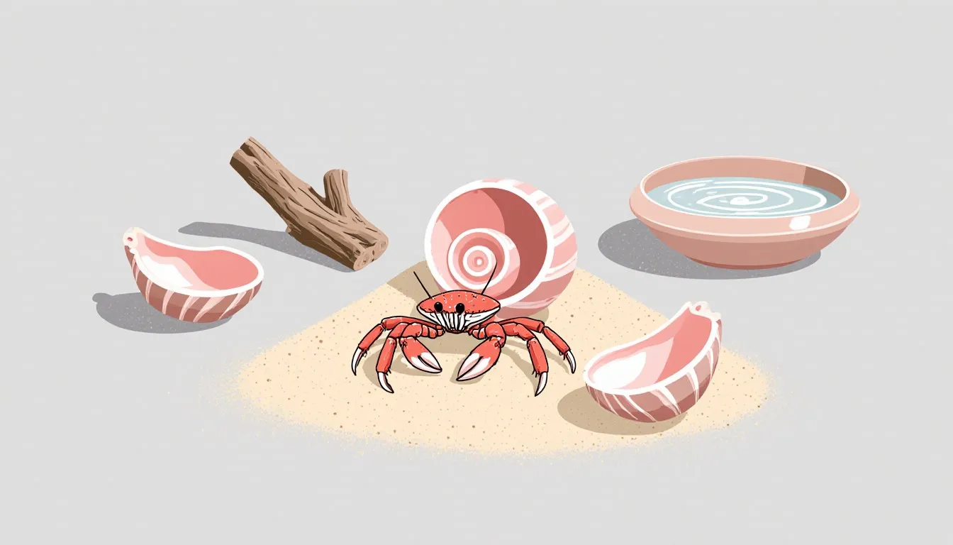 A hermit crab resting in its shell beside spare shells, sand, and driftwood in its habitat
