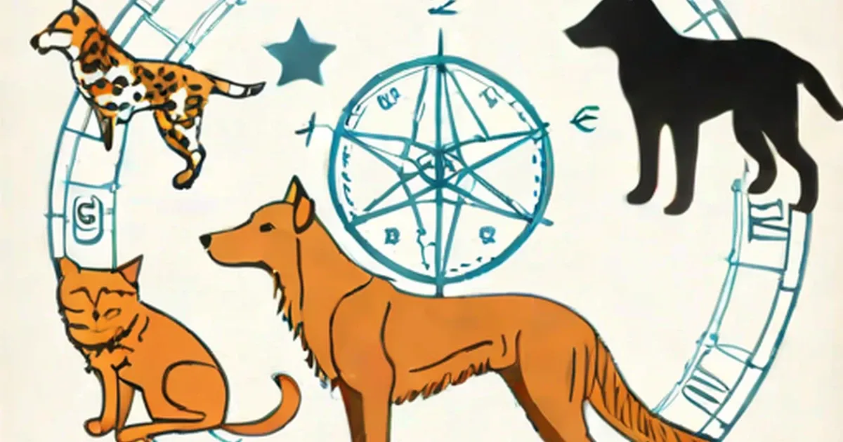 Spotted leopard, orange cat, and two dogs arranged with zodiac diagrams