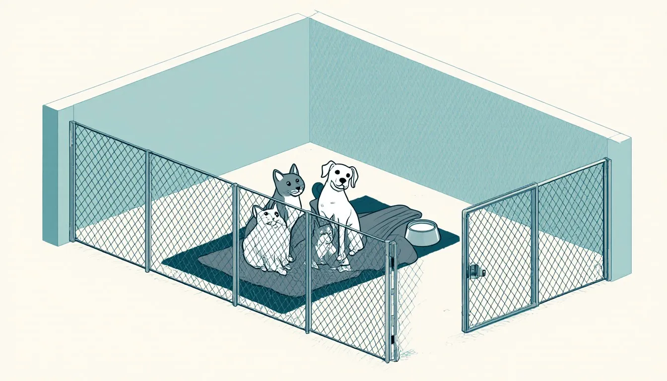 Several cats and a dog crowded together inside one small animal shelter kennel enclosure