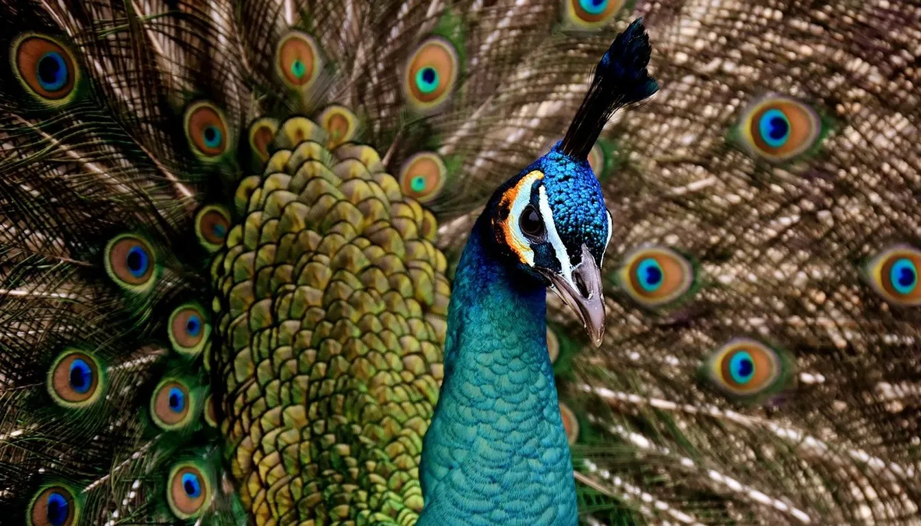 A peacock displaying its tail feathers