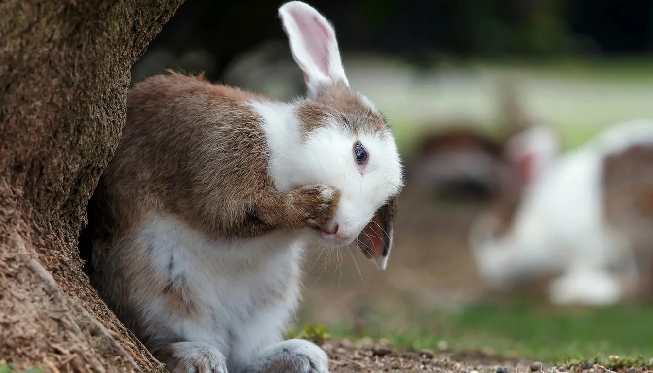 A rabbit grooming itself beside a tree