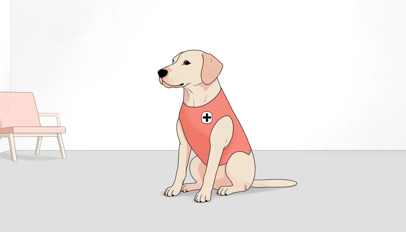 A calm dog wearing a therapy vest, sitting quietly as an emblem of pet therapy