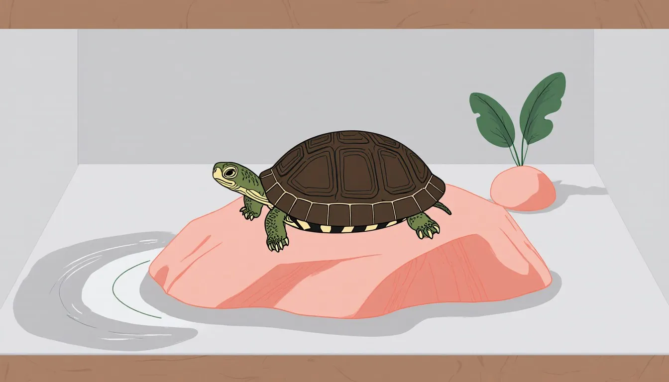 A pet turtle basking on a rock inside a simple terrarium habitat with a small water pool